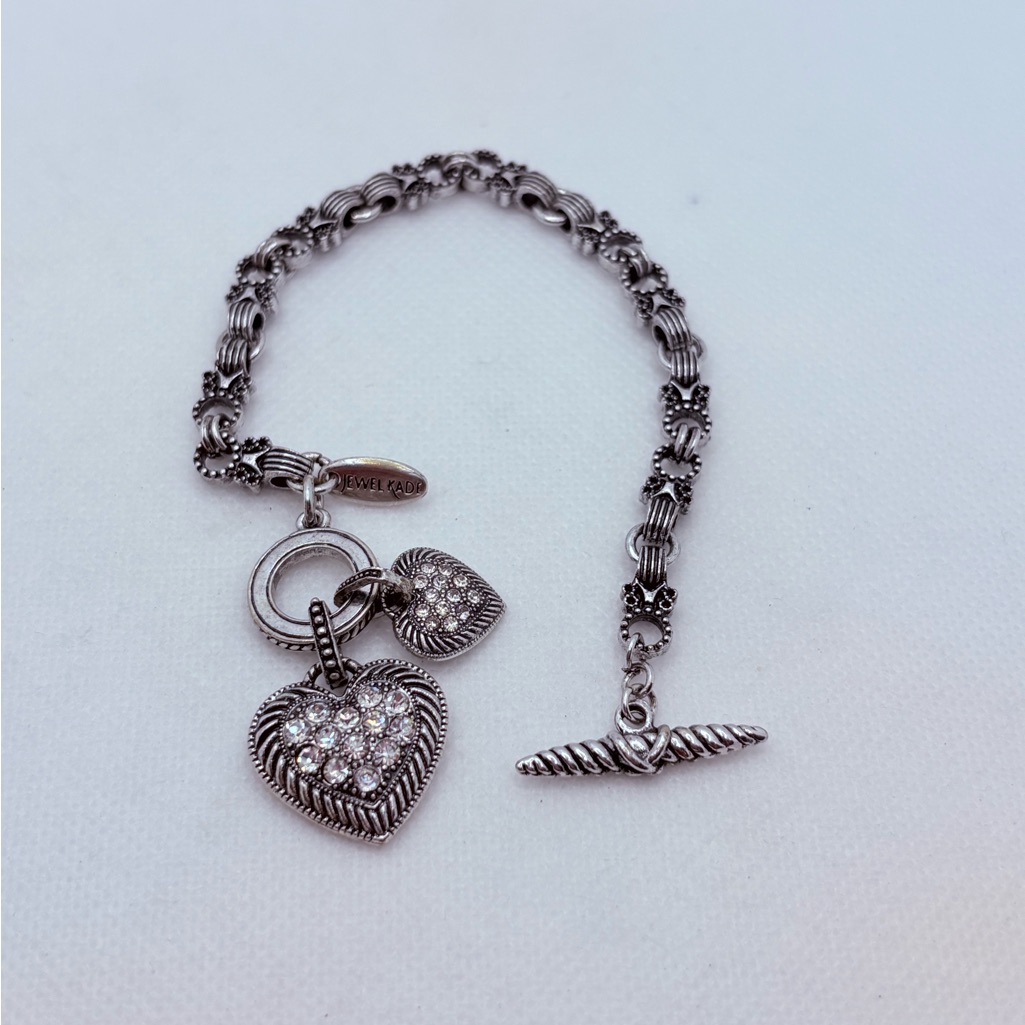Jewel Kade Rhinestone Hearts Dangle Toggle Bracelet Silver Tone Fancy Link 75 19$